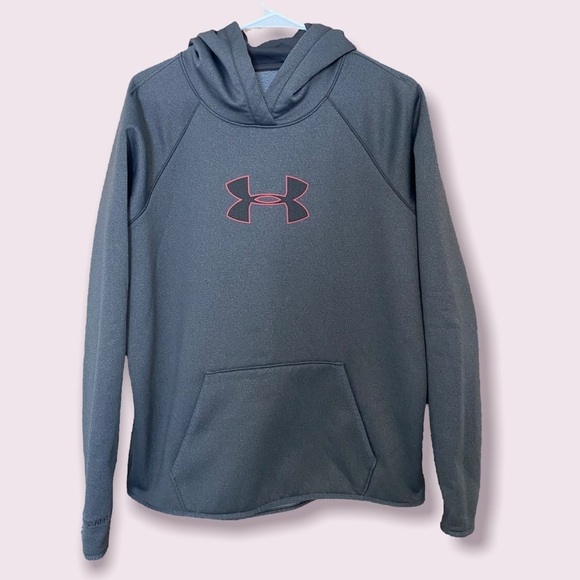 Under Armour Tops - Under Armour Pullover Hoodie Dark Grey w/ Coral Outlined Logo